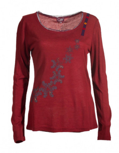 Tee-shirt à manches longues fin romantique motif fleur asymétrique rouge bordeaux