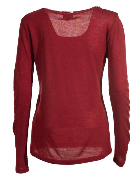 Dos de tee-shirt à manches longues fin romantique motif fleur asymétrique rouge bordeaux