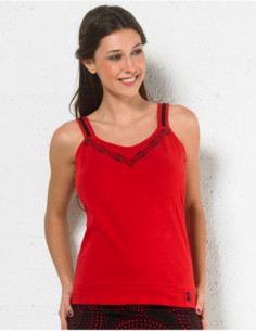 Débardeur uni rouge en coton avec motif tribal sur le col