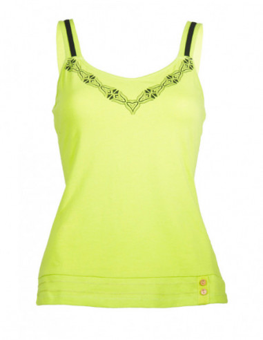 Plain green cotton tank top with tribal motif on the collar