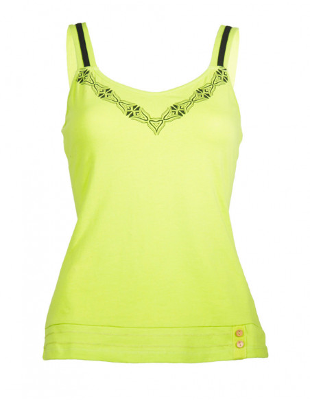 Plain green cotton tank top with tribal motif on the collar