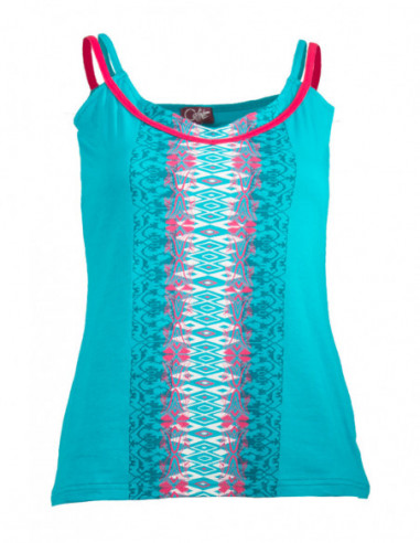 Turquoise blue ethnic print tank top with double straps