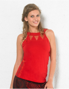 Basic red sleeveless tank top with openwork triangle chest