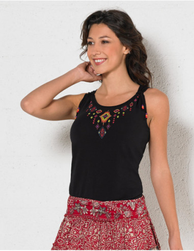 Tank top cotton ethnic pattern on the chest and back added plain black