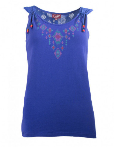 Tank top cotton ethnic pattern on the chest and back added plain blue