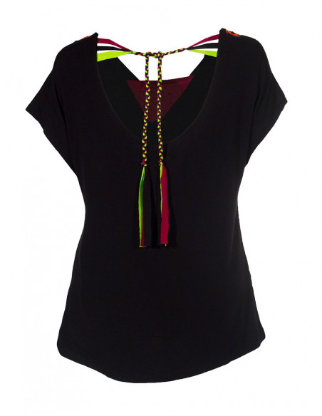 Tee shirt ethnique uni manches courtes noir dos