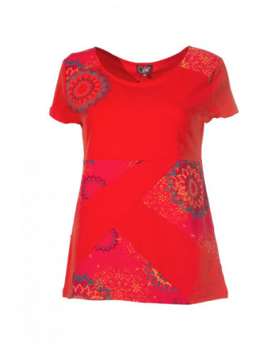 T-shirt manches courtes patchwork  motifs mandalas corail