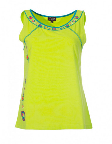 Original plain anise green tank top with embroidery on the collar for women