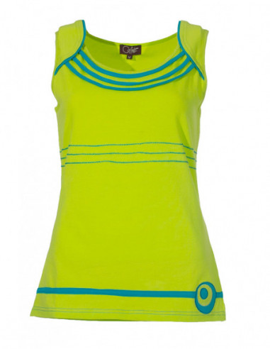 Ethnic round neck tank top with aniseed colored piping