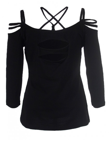 T-shirt original manches 3/4 épaules dénudées noir dos