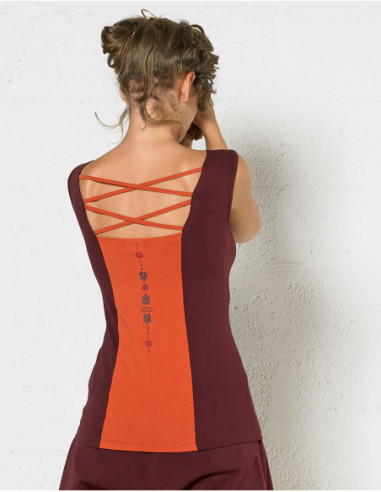 Débardeur ethnique femme avec lacet dans le dos et sur la taille avec motifs orange