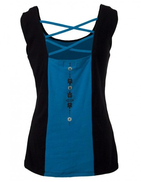 Ethnic tank top with lace up back and waist with burgundy blue patterns