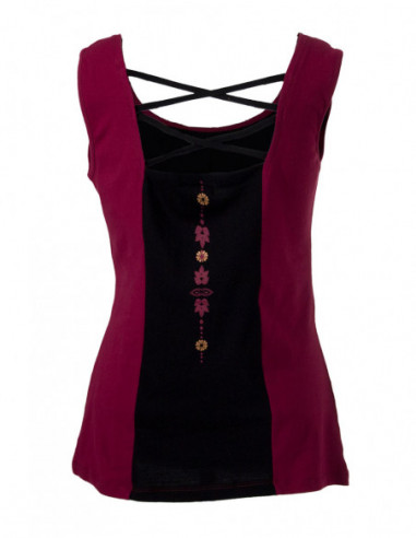 Ethnic tank top with lace up back and waist with burgundy red patterns