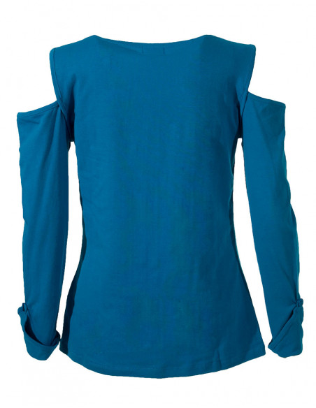 tee shirt bleu épaules nues imprimé elfique original