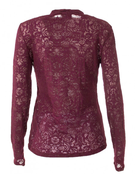 T-shirt à manches longues ajouré de fleurs et son col roulé couleur bordeaux