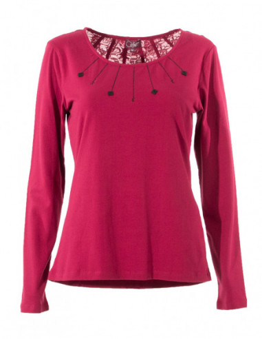 Tee-shirt à manches longues dos ajouré framboise