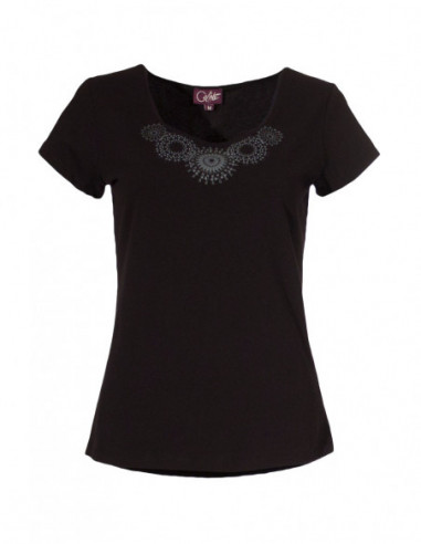 Tee-shirt coton manches courte motif mandala ton sur ton noir