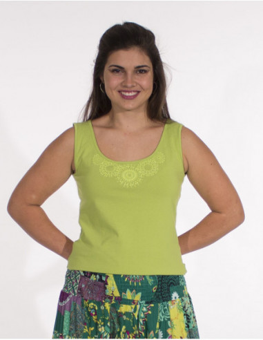 Plain basic sleeveless tank top with boho pattern on the chest