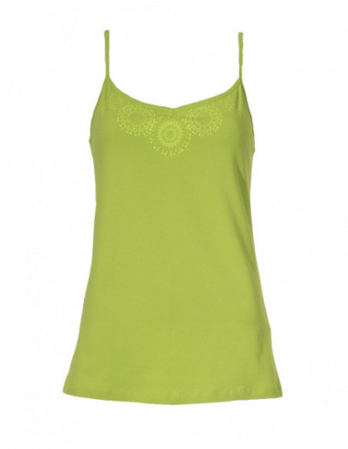 Basic green cotton tank top with boho pattern on the chest