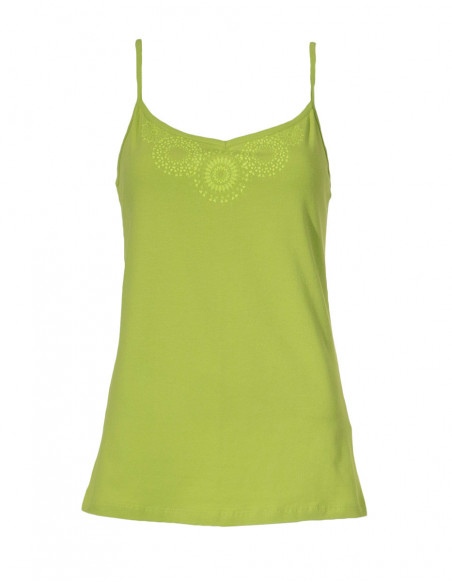 Débardeur basique en coton uni vert anis avec motif boho sur la poitrine