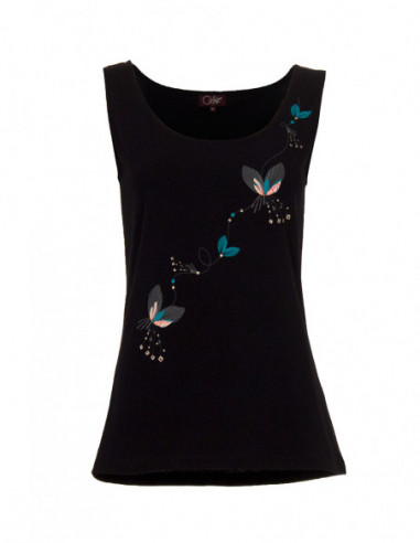 Women's solid cotton tank top with black butterfly pattern