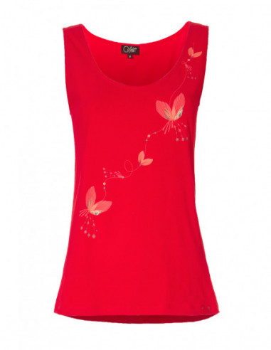 Women's solid cotton tank top with red butterfly pattern