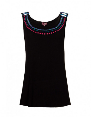 Basic black cotton tank top with ethnic dots on the collar