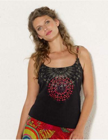 Black tank top with thin straps and ethnic mandala print on the chest