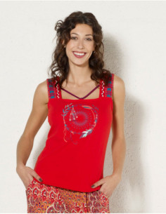 Cotton tank top with plain lace up back with dream catcher print
