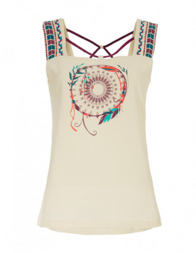 Cotton tank top with plain white lace up back with dream catcher print