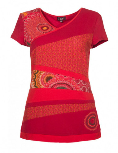 T shirt rouge pour femme patchwork ethnique