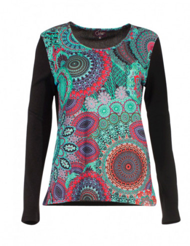 Tee-shirt ethnique motif mandala manche longue bleu