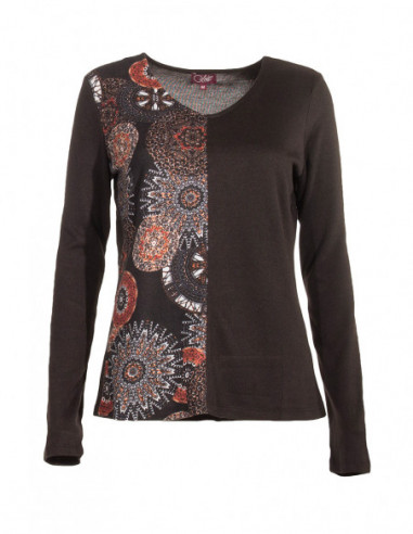 Pull fin coton manches longues motif mandala noir