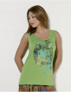 Débardeur marcel femme vert anis motif rosaces ethnique