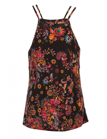 Lightweight summer top with straps and black ruffles in hippie cashmere print