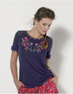 Tee shirt fleuri avec pompon bleu marine pour femme