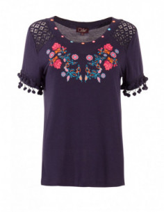 Tee shirt fleuri avec pompon bleu marine pour femme 2