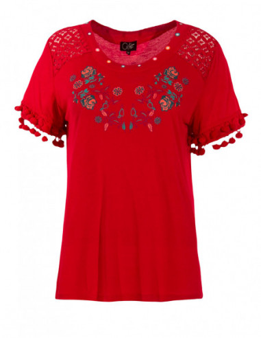 Tee shirt fleuri avec pompon rouge pour femme