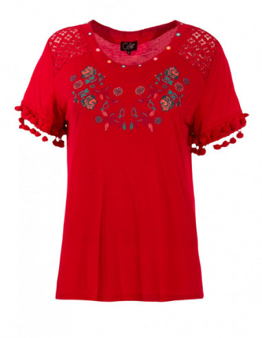 Tee shirt fleuri avec pompon bleu marine pour femme
