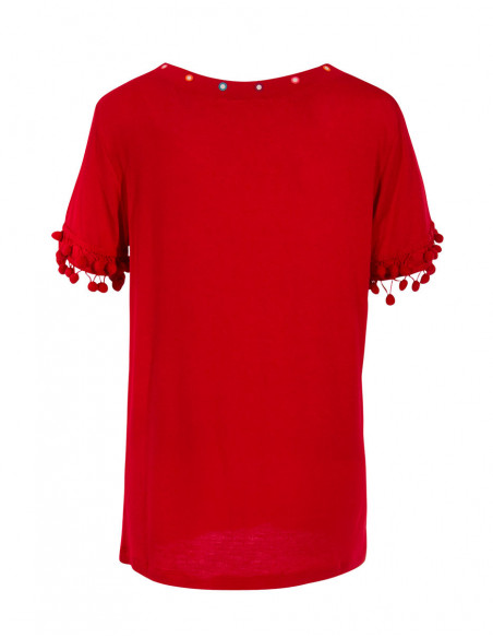 T shirt original avec fleurs et pompons sur les manches courtes rouge