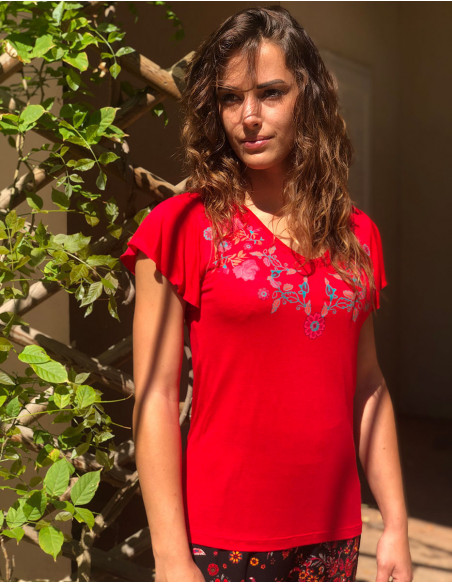 Tee-shirt  léger manche courte motif coloré rouge