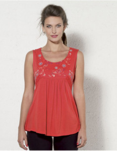Colorful summer sleeveless top with pretty floral embroidery