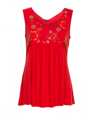 Red summer sleeveless top with pretty floral embroidery