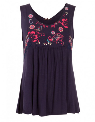 Navy blue summer sleeveless top with pretty floral embroidery