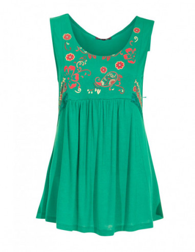 Green summer sleeveless top with pretty floral embroidery