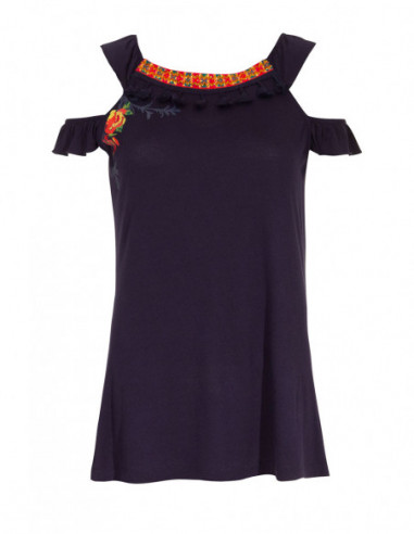 Original bare-shoulder tank top with ethnic pattern at the neck