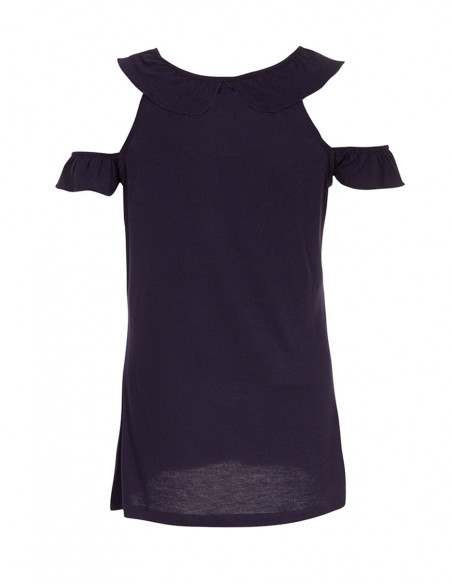 Original bare-shoulder tank top with navy blue ethnic pattern at the neck