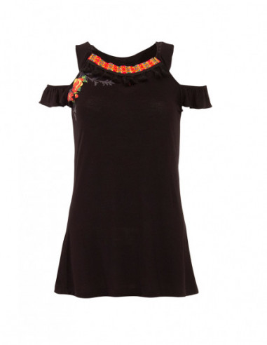 Original bare-shoulder tank top with ethnic pattern at the neck