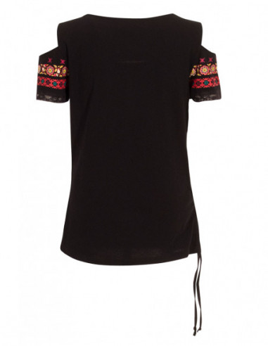 Tee shirt noir femme col en dentelle épaules dénudées chic