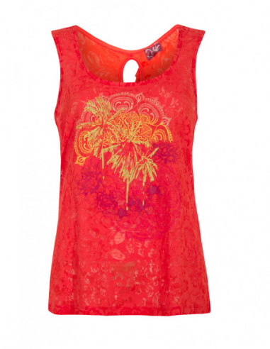 Red tank top with openwork cross back and ethnic pattern